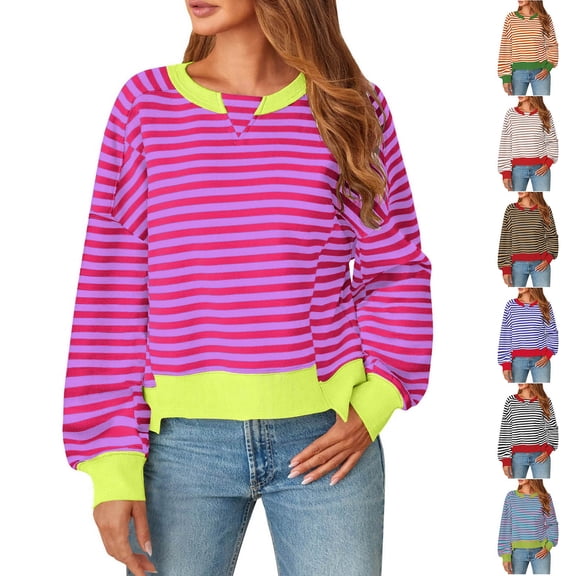 Hrsba Casual Sweatshirts for Women Color Striped Crew Neck Long Sleeve Versatile Daily Basic Top Sweatshirt