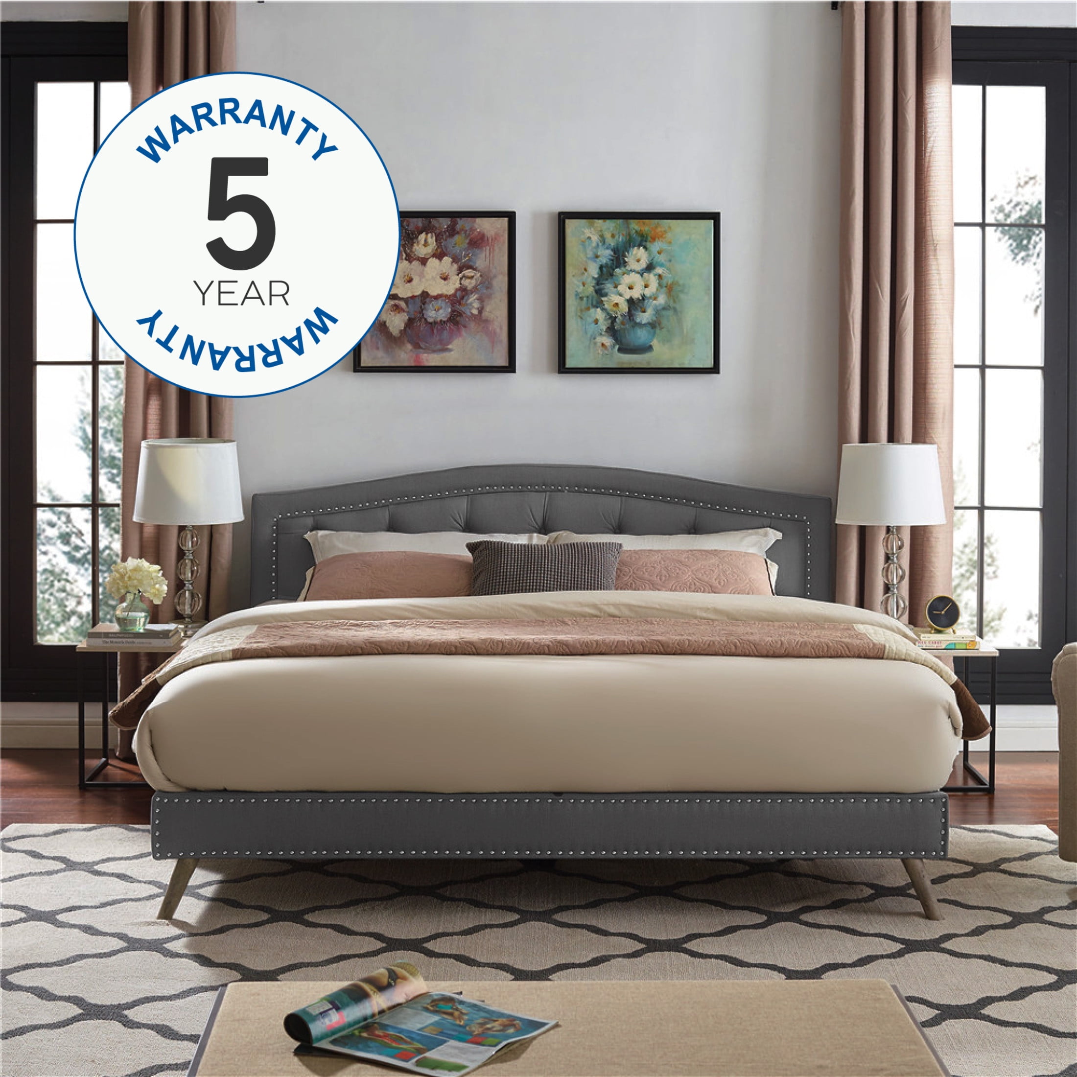 DeCoro Austin Diamond Tufted Upholstered Platform Bed | Headboard and Wood Frame with Wood Slat Support, King, Peyton Slate