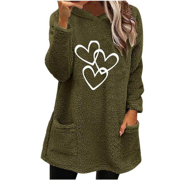 Wyobmus Womens Long Fuzzy Hoodies Winter Warm Hoodie Cozy Oversized Pockets Printed Hooded Blouse Long Sleeve Hooded Tops A-Olive Green