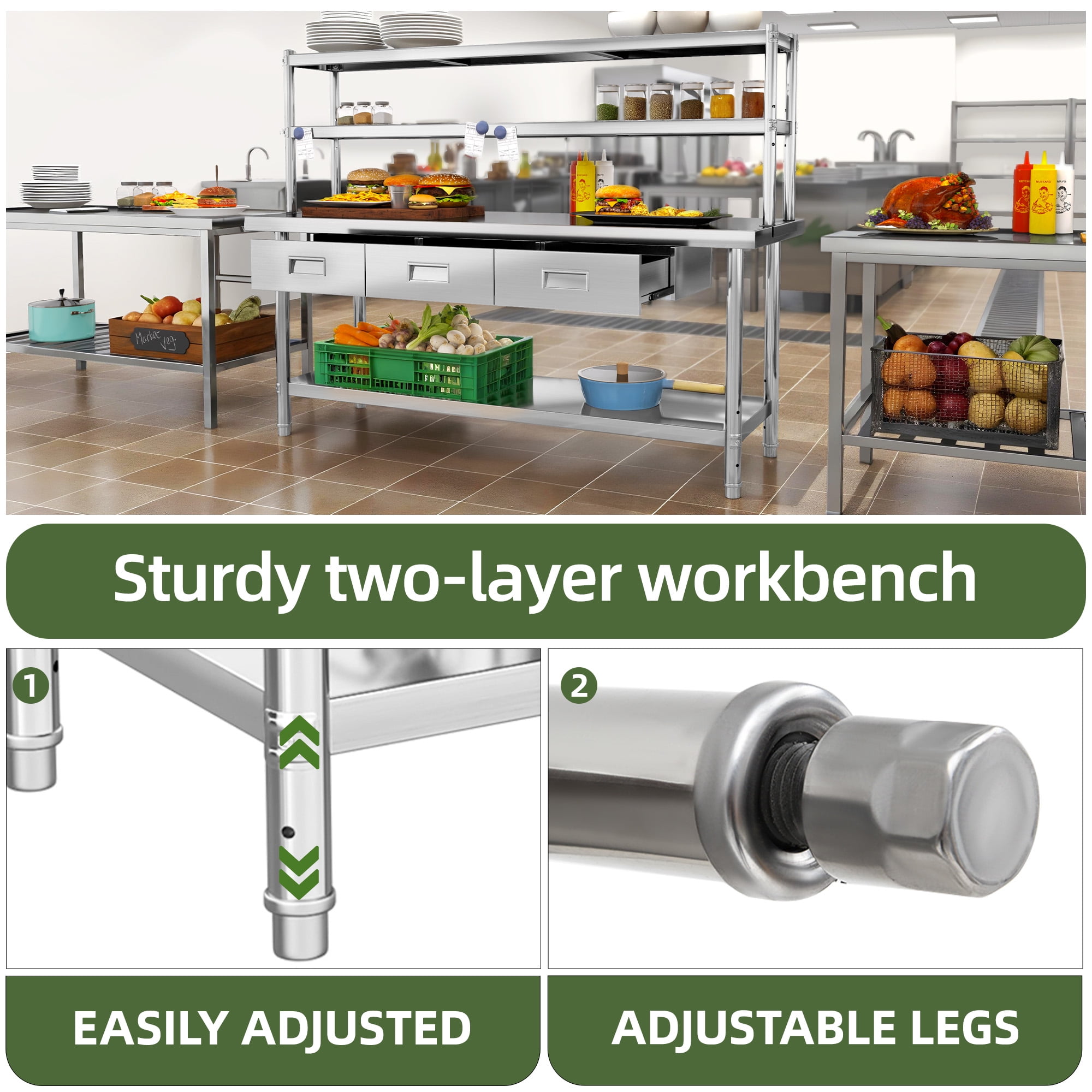 Uforic 72" X 24" Stainless Steel Work Table with Overshelves & Drawers Table for Home Kitchen Restaurant Garage Warehouse Outdoor