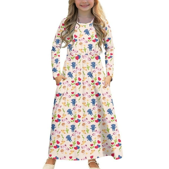 DISNIMO Colorful Axolotl Kids Dress Long Sleeve Dresses for Girls 5-6 Dress for Kids Dresses with Pockets Kids Long Frocks for Kids Full Sleeve Swing Dress Midi Girls Long Sleeve