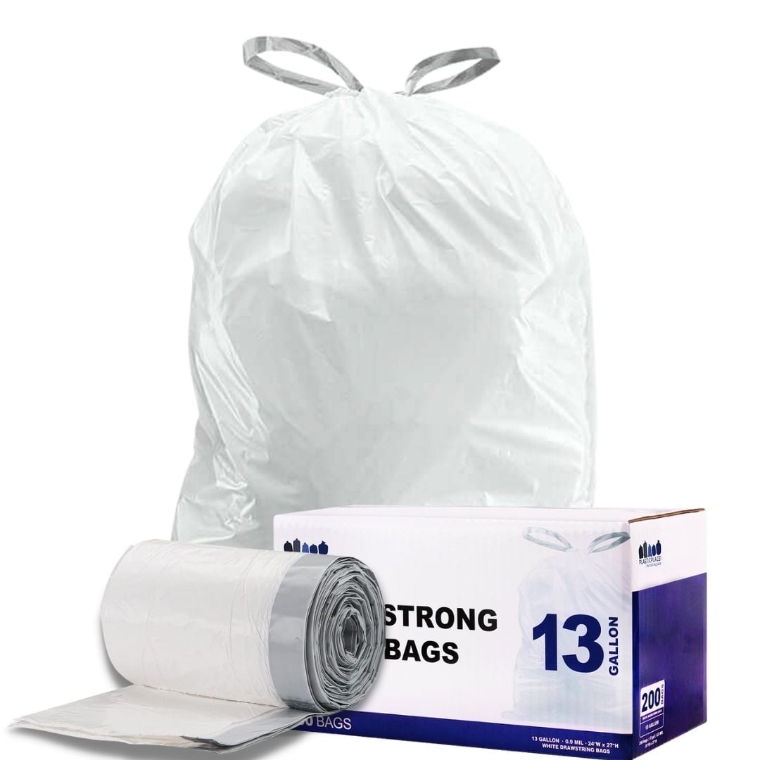 Plasticplace 13 Gallon Extra Tall Drawstring Kitchen Bags, 200 Count, White - 2