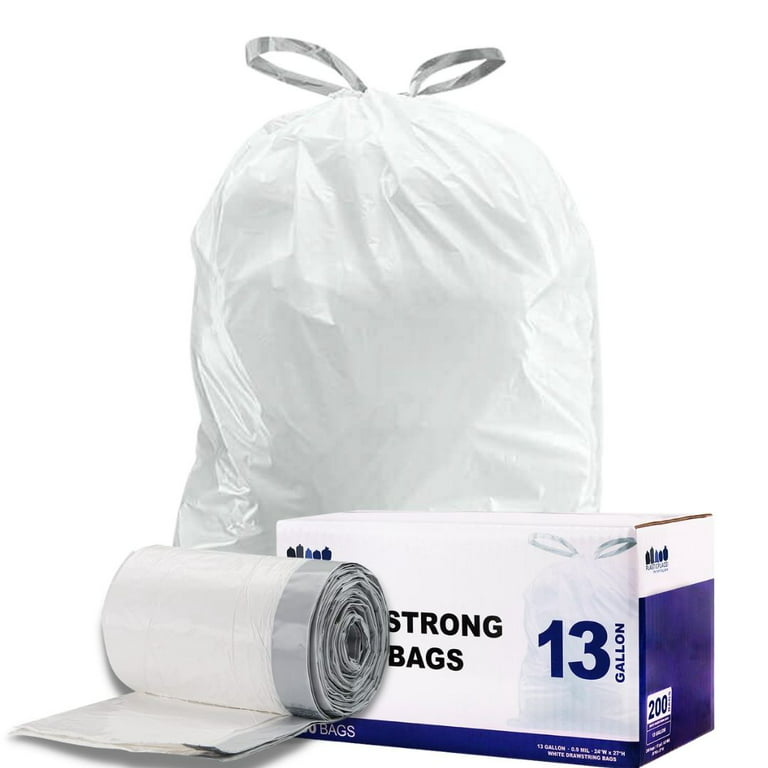 Plasticplace 13 Gallon Extra Tall Drawstring Kitchen Bags, White (50 Count)