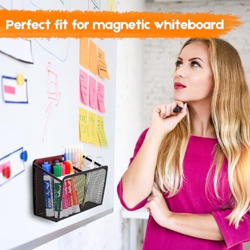 Quivanta Magnetic Pencil Holder - Extra Strong Magnets Mesh Marker Holder Perfect for Whiteboard, Refrigerator and Locker Accessories (2 Baskets, 1 Pack Black)