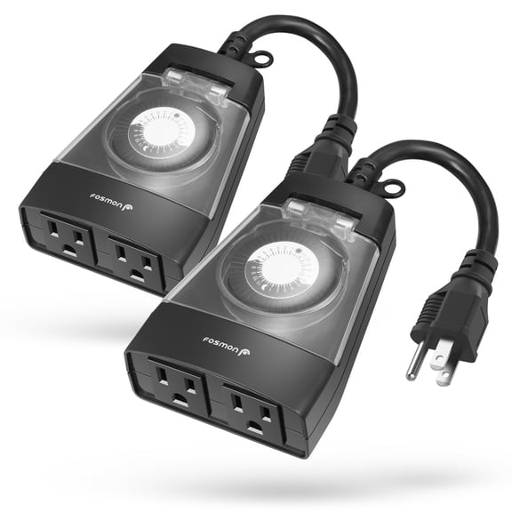 Fosmon Outdoor Dual Timer Outlet, Outdoor Light Timer for Electrical Outlets, Weatherproof 24 Hour Mechanical Heavy Duty Plug for Lighting, Garden, 15A, 3-Prong, Grounded, ETL Listed, 2-pack