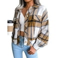 thumbnail image 3 of Qiylii Plaid Shirt Jacket Womens Crop Flannel Coat Long Sleeve Button Down Casual Shacket Short Loose Brushed Outwear Top, 3 of 7
