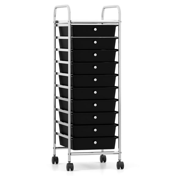 Barara King 10-Drawer Storage Cart with Metal Frame and Lockable Universal Wheels, Rolling Organization Storage Cart for Home Office, Living Room, Entryway, Bedroom, Black