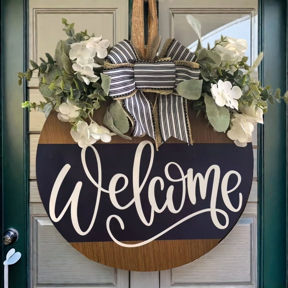 Dserhfy Front Door Welcome Sign Farmhouse Rustic Round Wooden Bowknot Letter Welcome Wreath All Seasons Indoor Outdoor Porch Door Hanger Wall Hanging Decoration