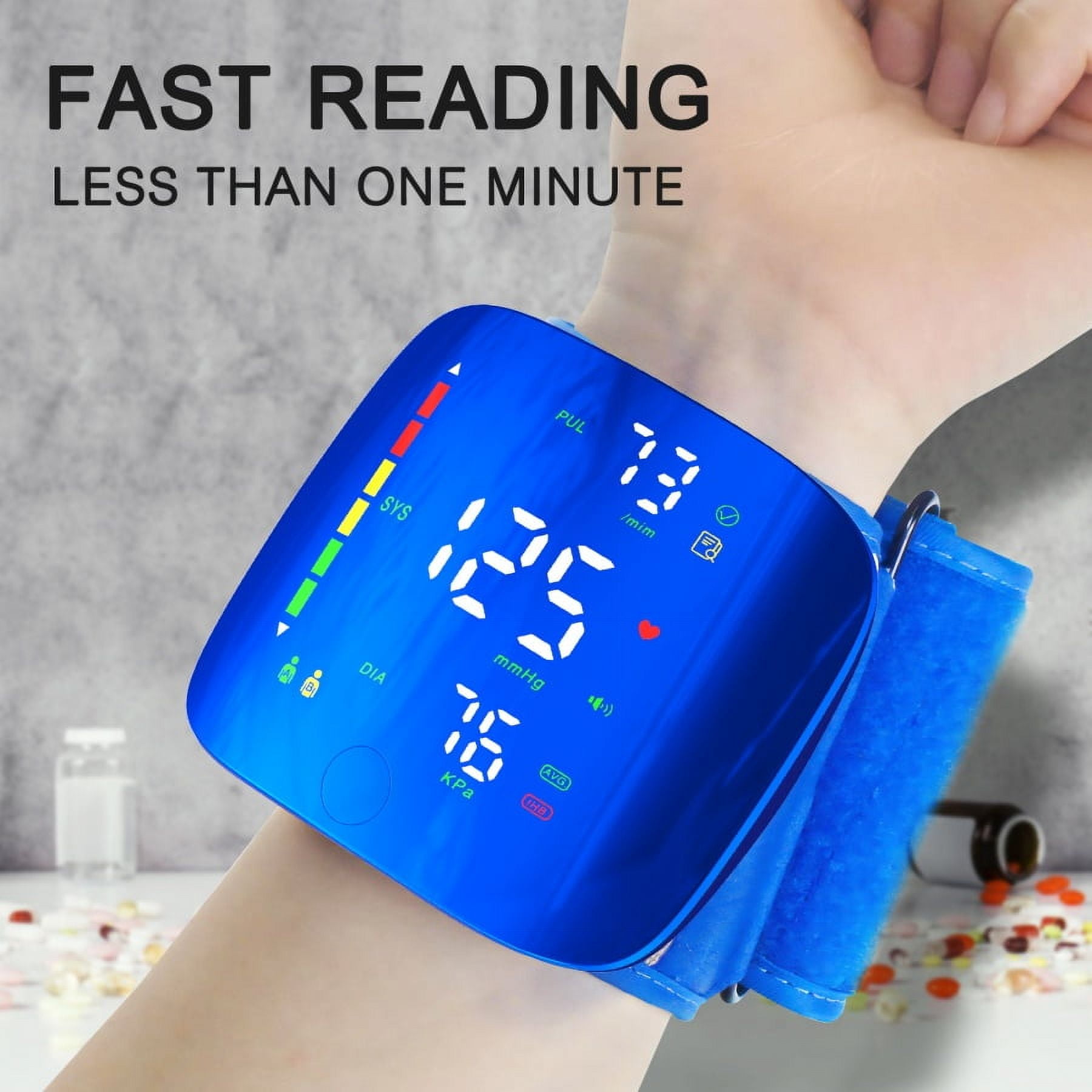 Ziqing Rechargeable Wrist Blood Pressure Monitor for Home Use, with Adjustable Blood Pressure Cuff and LED Backlit Display, Dual-User Memory Storage - Blue