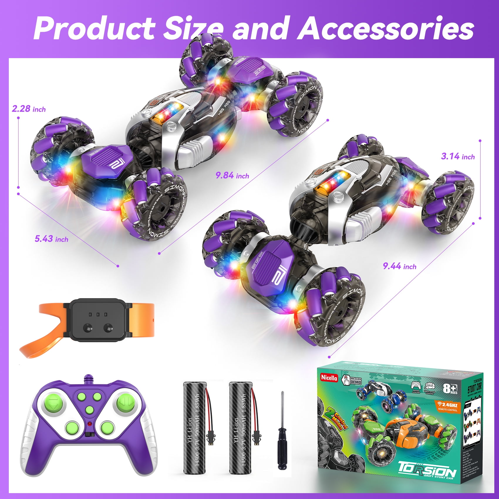 Nicella Remote Control Cars for Boys Girls 8-12, Gesture Sensing RC Stunt Car with Light & Music, 4WD, 360°Rotating, 2.4Ghz RC Drift Cars, Christmas Birthday Gift Car Toys for Kids