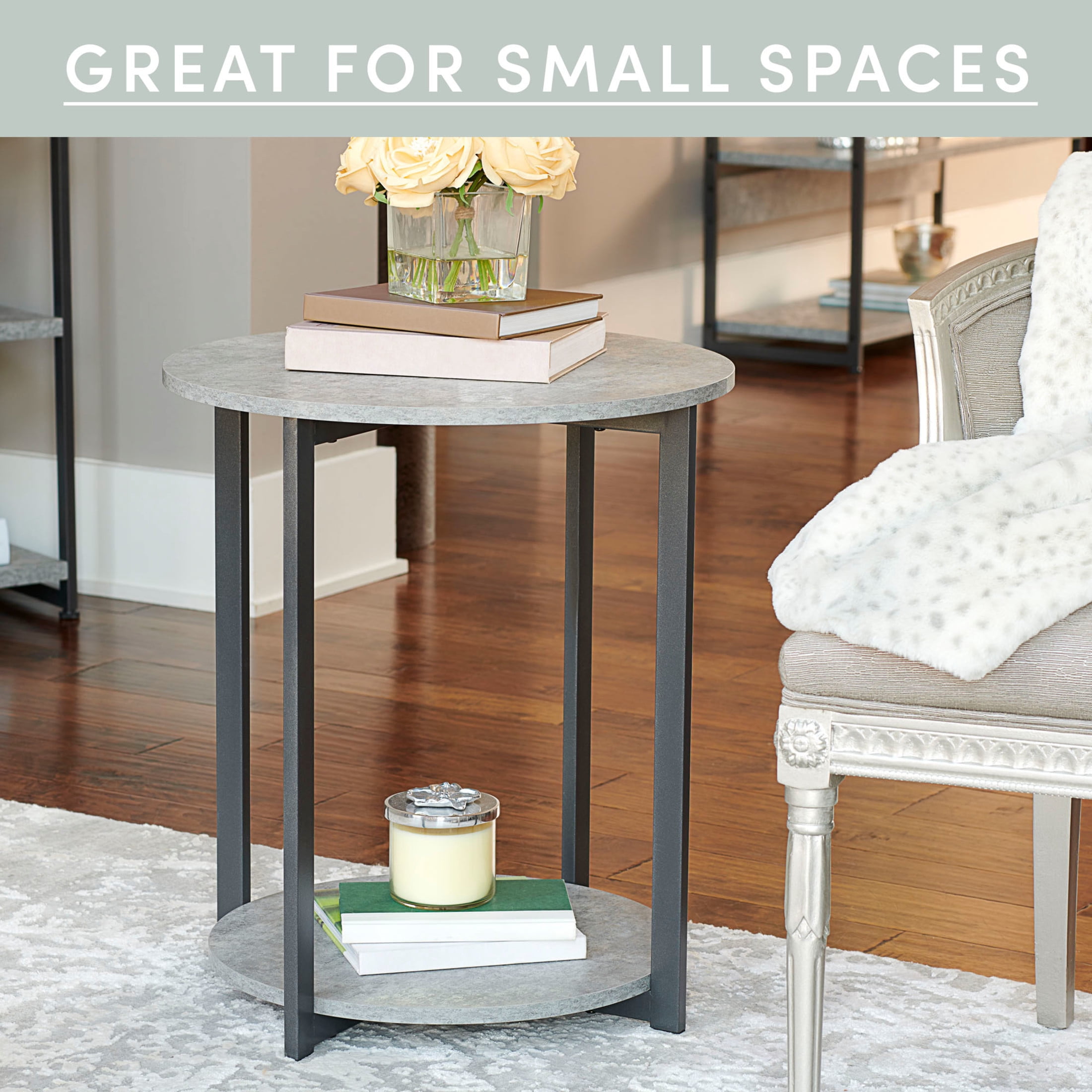 Household Essentials 2-Tier Round Low Side Table, Faux Gray Slate