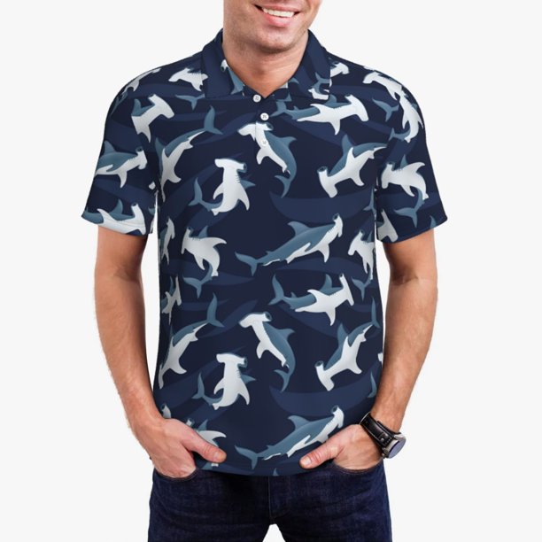 Fotbe Cute Shark Camiseta Polo de Golf para Hombre con Estampado – Camisa Deportiva Transpirable con Cuello Abotonado-X-Large