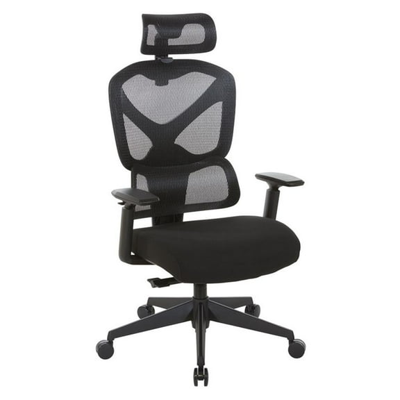 High Back in Black Mesh and Black Fabric Seat with Adjustable Arms