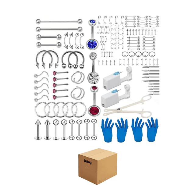 142 pzs Kit De Piercing De Acero Y Accesorios Para Orejas Belug Plateado
