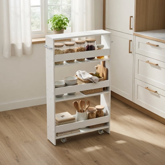 Demi Bonn 3-Tier Narrow Mobile Serving Cart with Open Shelves, Utility Cart, Bar Cart, for Kitchen Bathroom Living Room, White