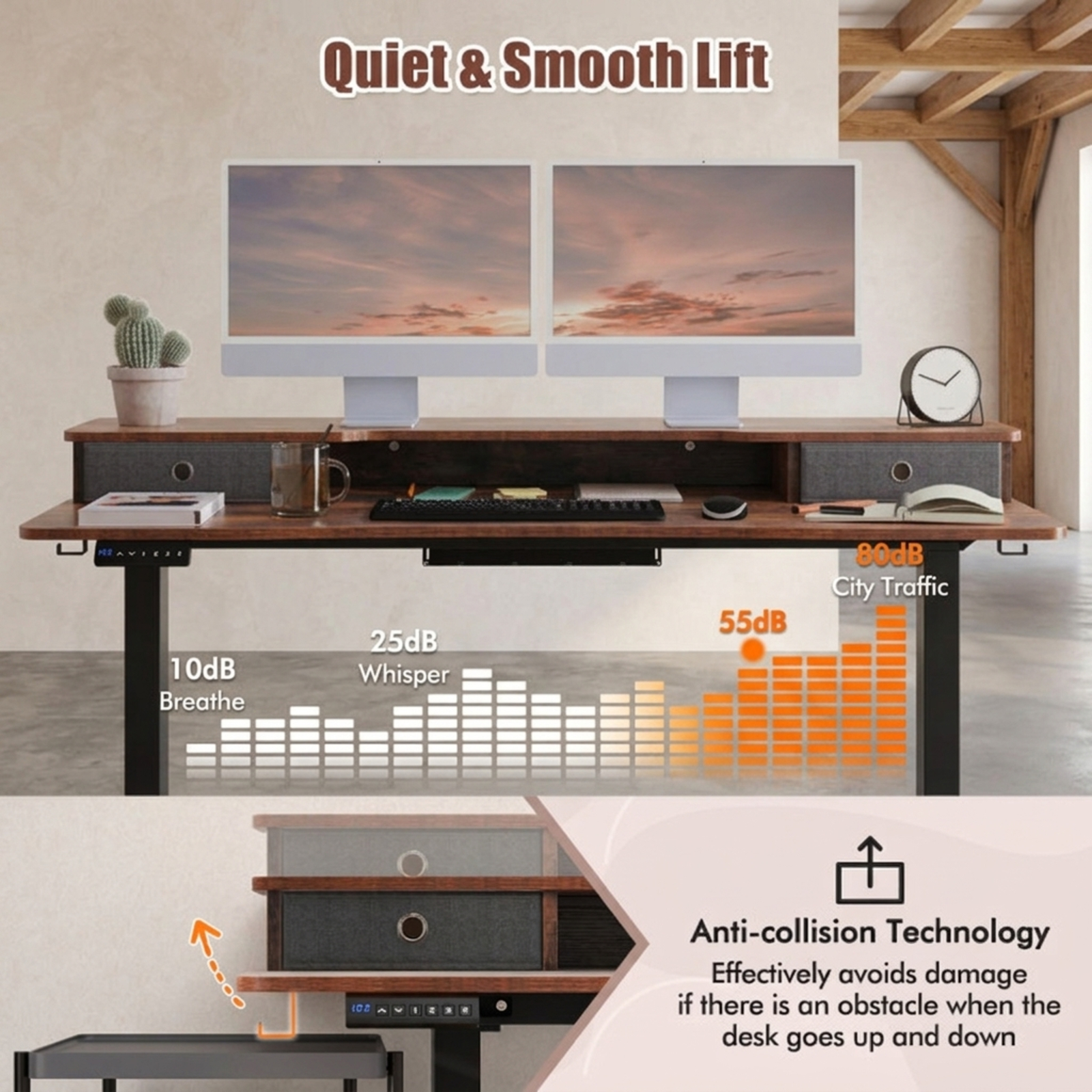 Furnibear 55 x 24 Inch Electric Height Adjustable Standing Desk with 2 Fabric Drawers Monitor Shelf and Cable Management for Home Office, Brown