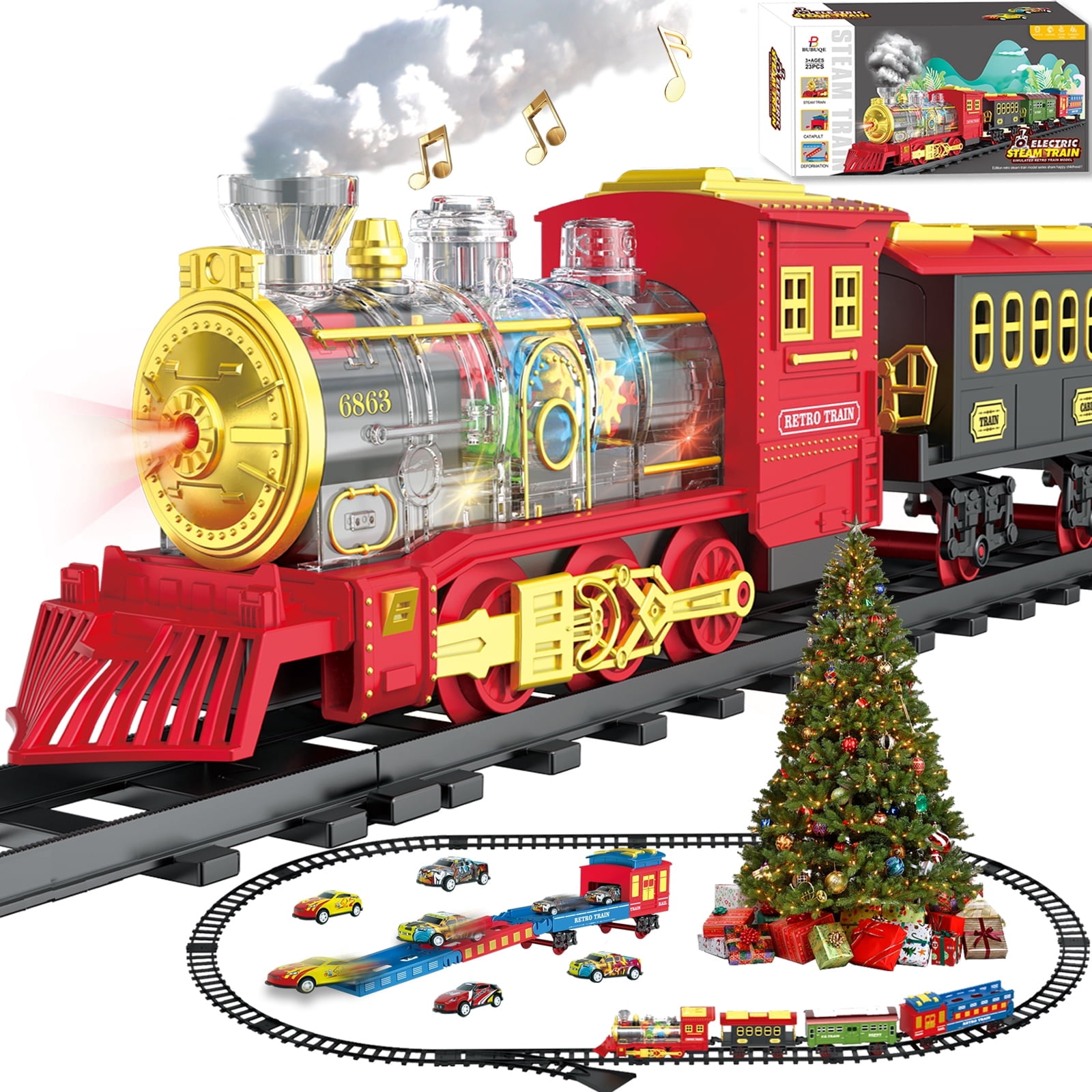 BUBUQE Electric Train Set Christmas Train Toys for Boys with Smokes, Lights and Sound (on/off) Under Christmas Tree for Kids Girls