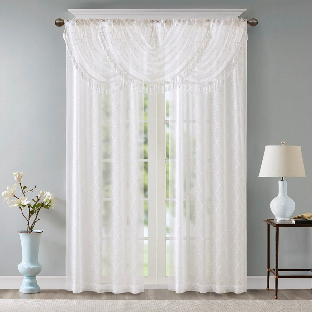 MAYEERTY 38x46" Diamond Sheer Embroidered Waterfall Valance White/Grey