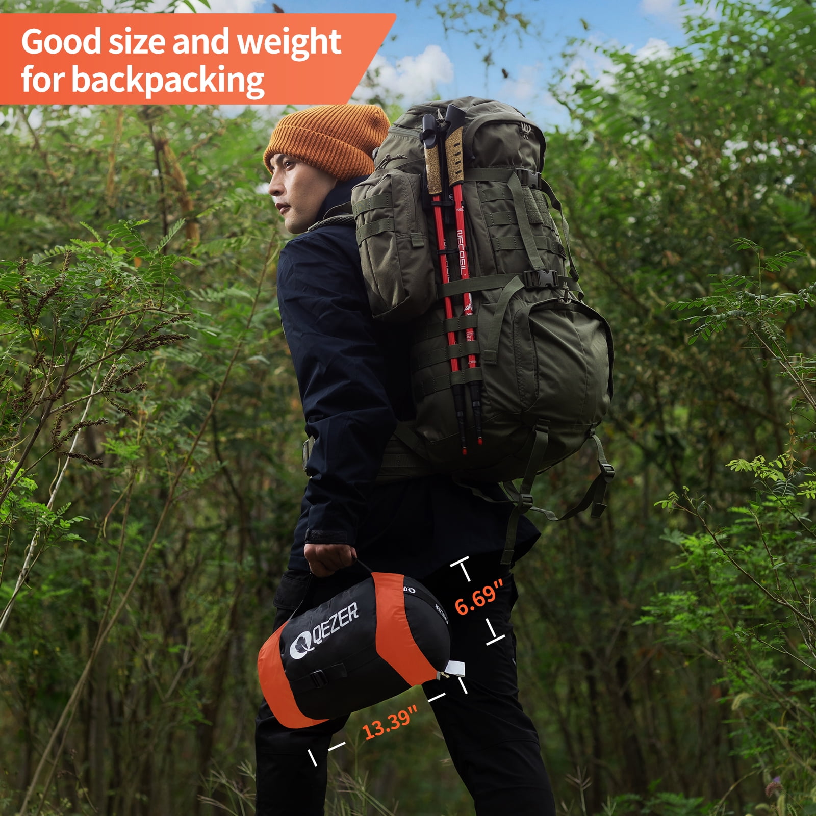 QEZER Adult 3-Season (40℉-53℉) Portable Ultralight Down Sleeping Bag for Camping, Hiking & Backpacking
