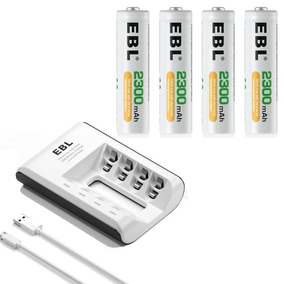 EBL Rechargeable AA Batteries (4 Pack), 2300mAh Double a Batteries and Battery Charger for Ni-MH Ni-CD AAA AA Battery