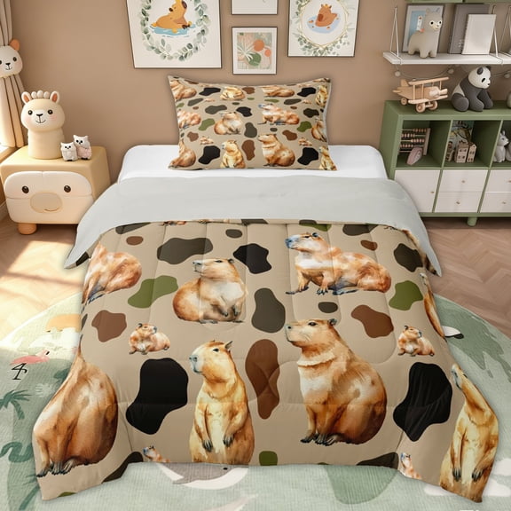Erosebridal Capybara Print Kids Twin Comforter Sets, Brown Rustic Camo Bedding Set, 2 Pieces, Grey Reversible