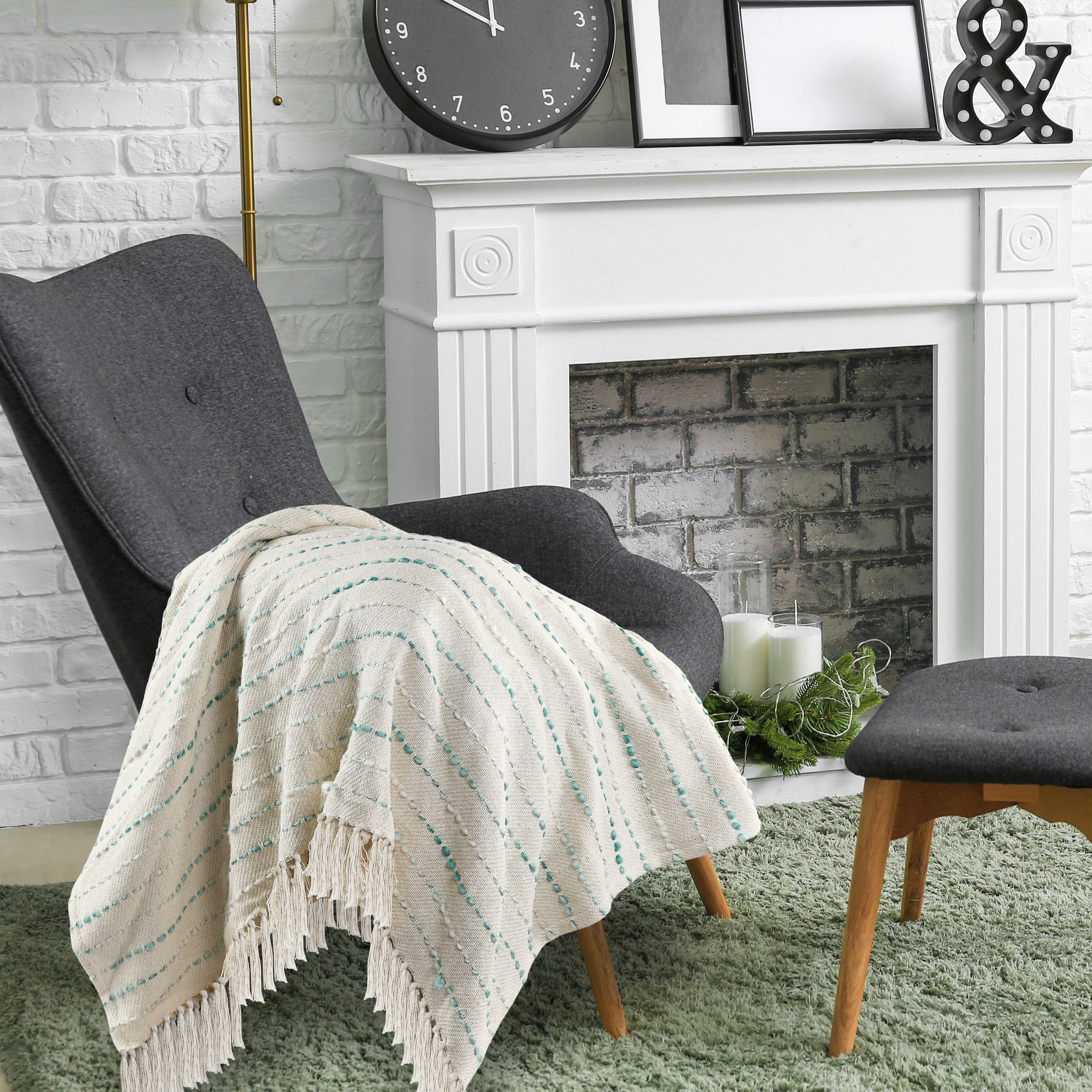 LR Home Melanie Teal/Cream Striped Embroidered with Fringe Adult Cotton Throw Blanket, 50" x 60"
