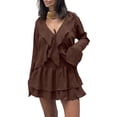 thumbnail image 3 of Women Casual Deep V Neck Knotted Tiered Chiffon Elegant Top Mini Short Swing Dresses Brown S, 3 of 8
