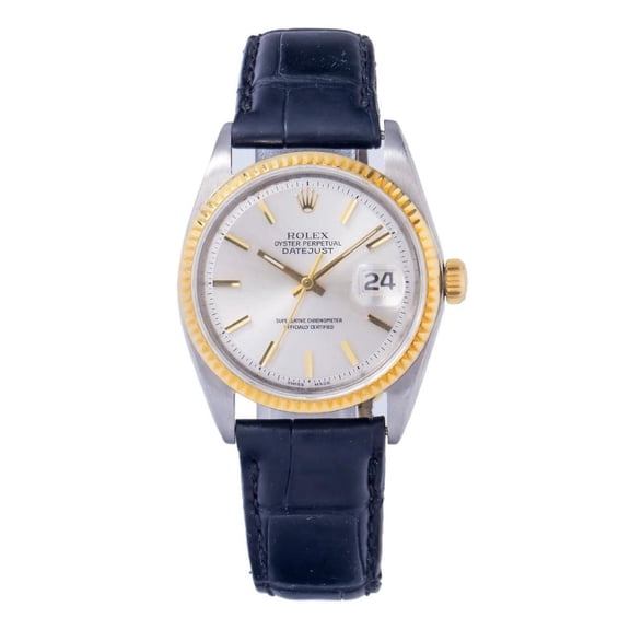 Pre-Owned Rolex Datejust 36MM 1601 Silver Dial Fluted Bezel Black Leather Strap