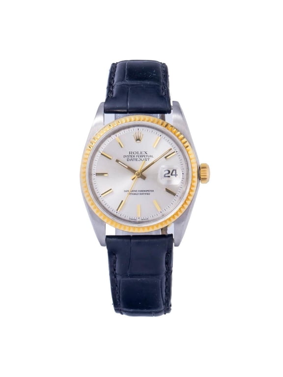 Pre-Owned Rolex Datejust 36MM 1601 Silver Dial Fluted Bezel Black Leather Strap