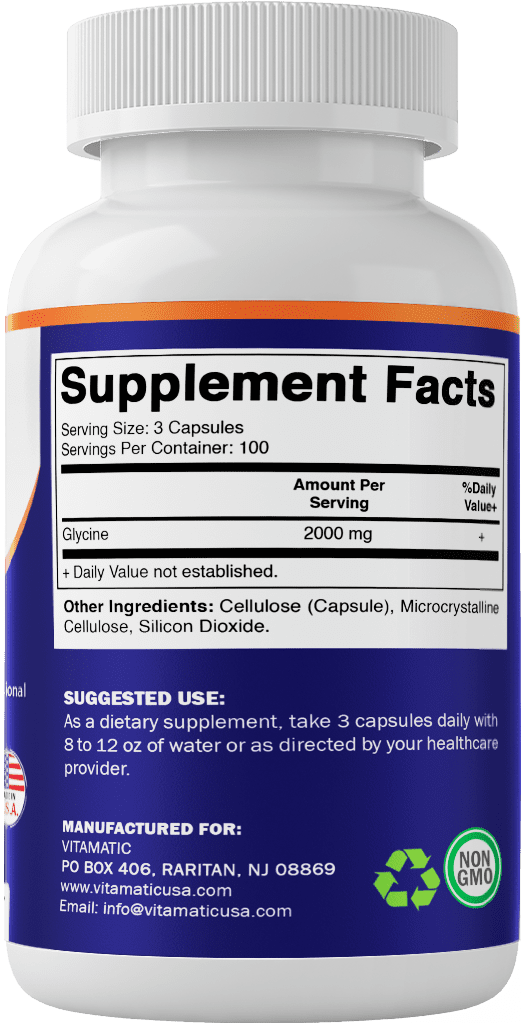 Vitamatic Glycine Supplement, 2000mg Per Serving- 300 Veg Capsules Non-GMO, Gluten Free