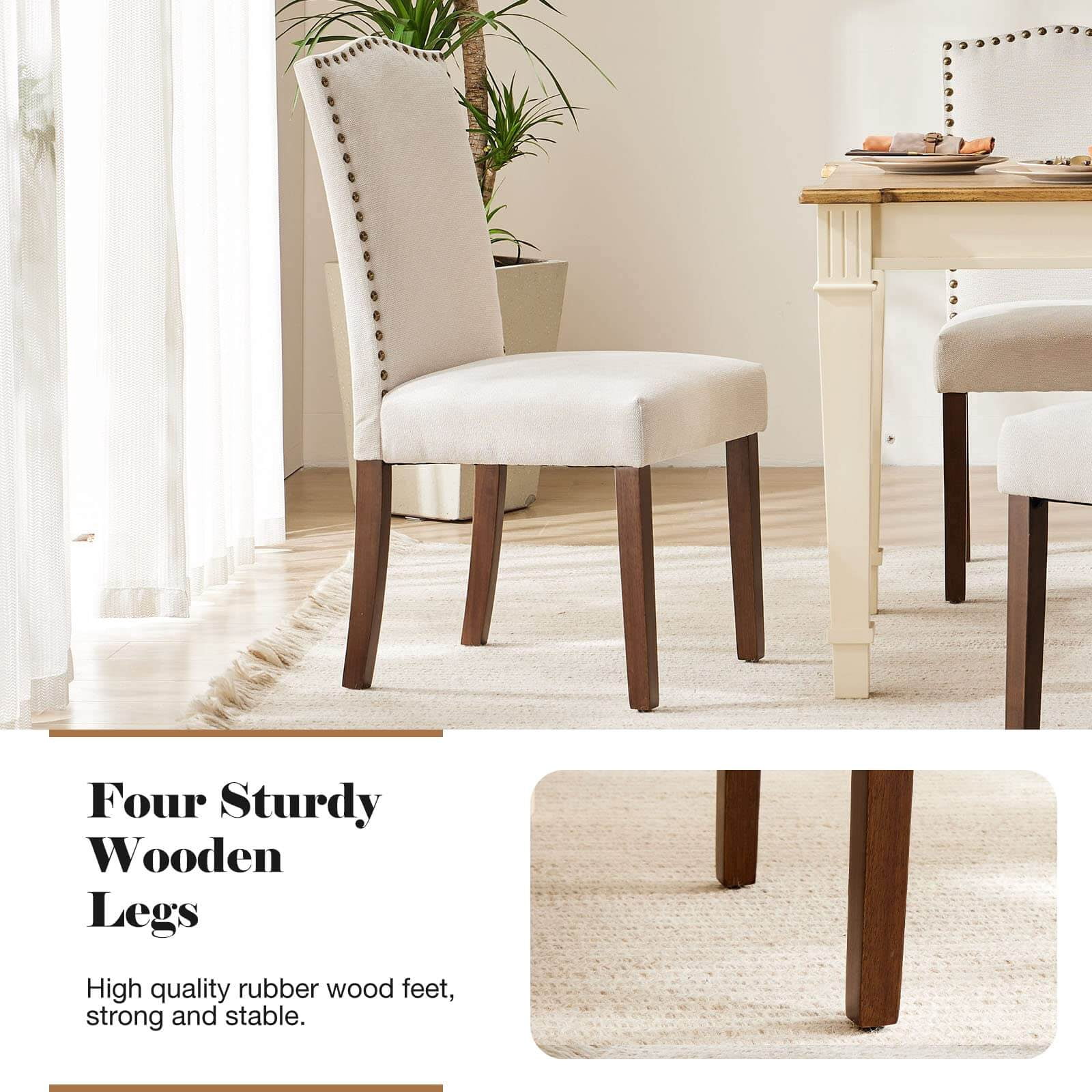 Aukfa Dining Chairs Set of 2, Kitchen Dining Room Chairs Side Chairs with Nailhead Trim Beige