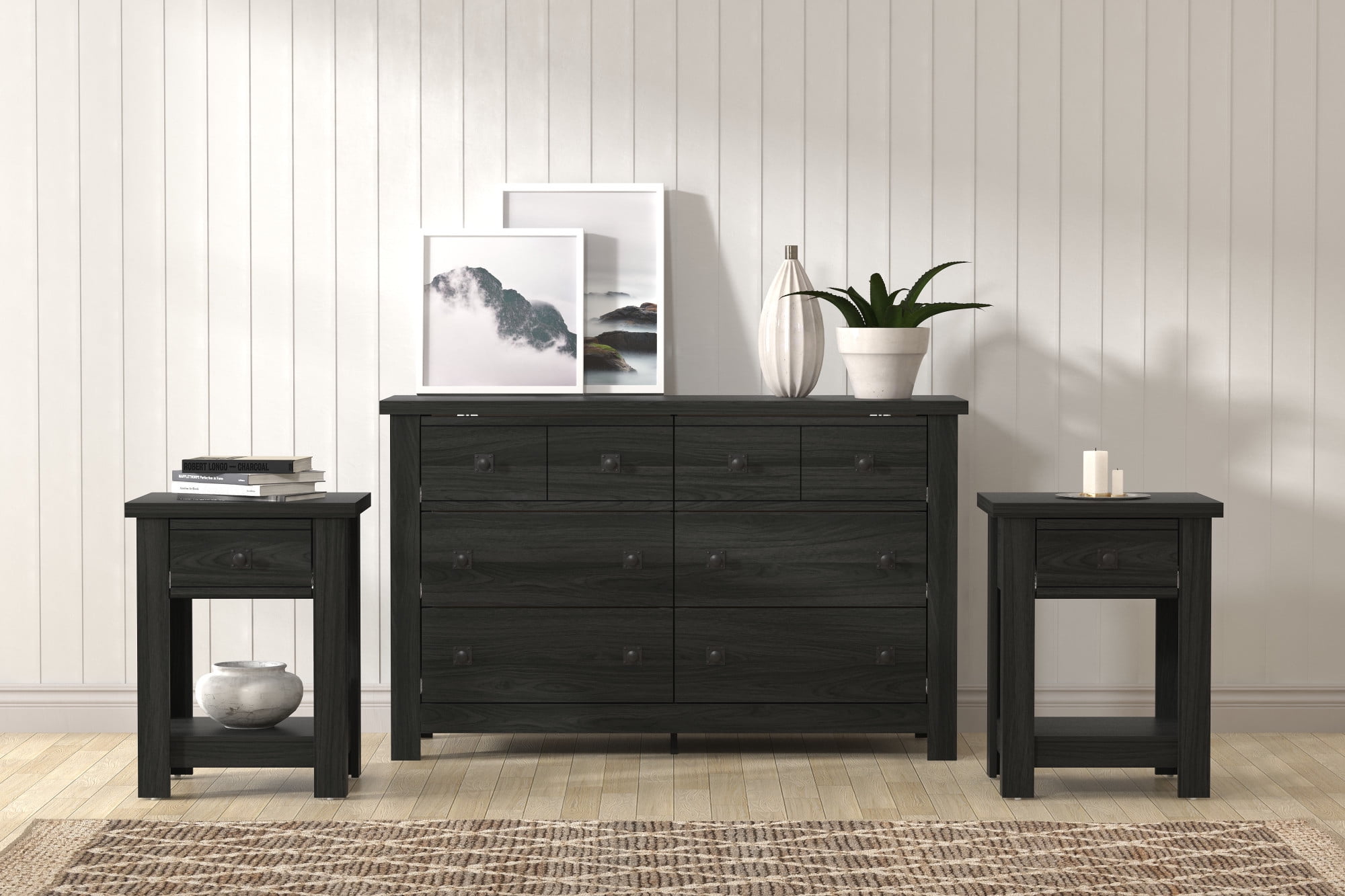 Hillsdale Addison Farmhouse 1 Drawer Nightstand, Set of 2, Black Oak