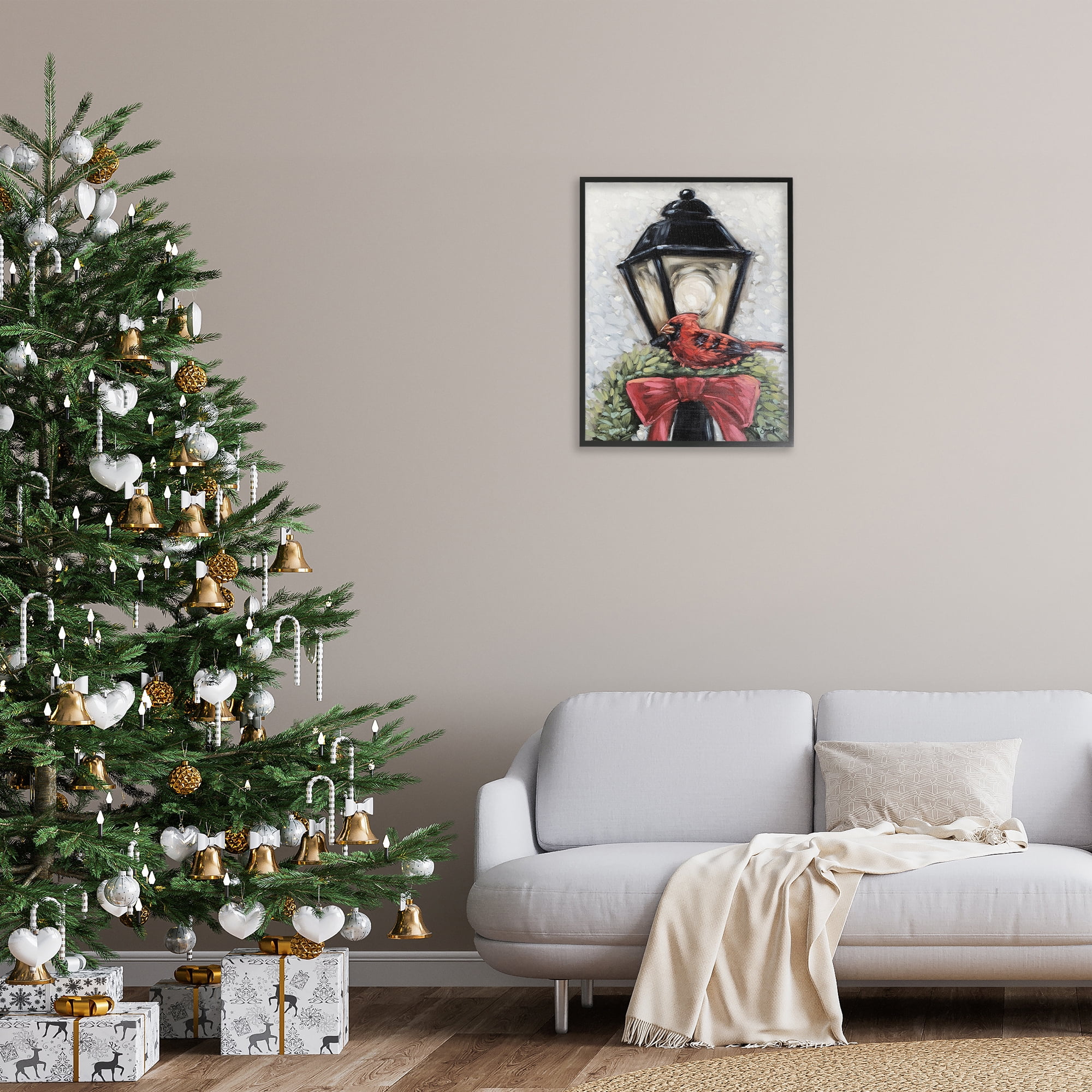 Stupell Industries Cardinal & Holiday Lamp Holiday Painting Black Framed Art Print Wall Art, 24 x 30