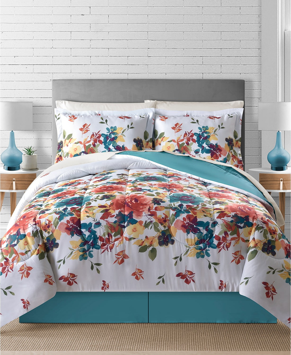 Bright Floral, Flowers, Girls Turquoise Twin Comforter Set (6 Piece Bed In A Bag)