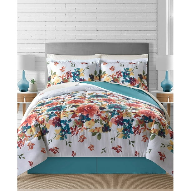 Bright Floral, Flowers, Girls Turquoise Twin Comforter Set (6 Piece Bed