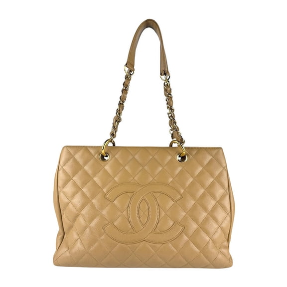 Pre-Owned CHANEL Grand Tote GST Leather Shoulder Bag, Beige, Women's, z7201 (Good)