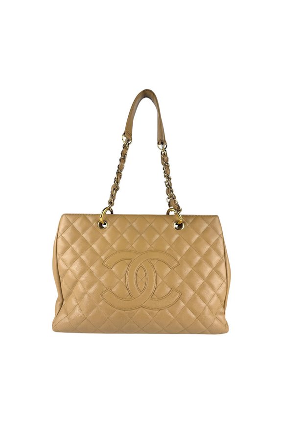 Pre-Owned CHANEL Grand Tote GST Leather Shoulder Bag, Beige, Women's, z7201 (Good)