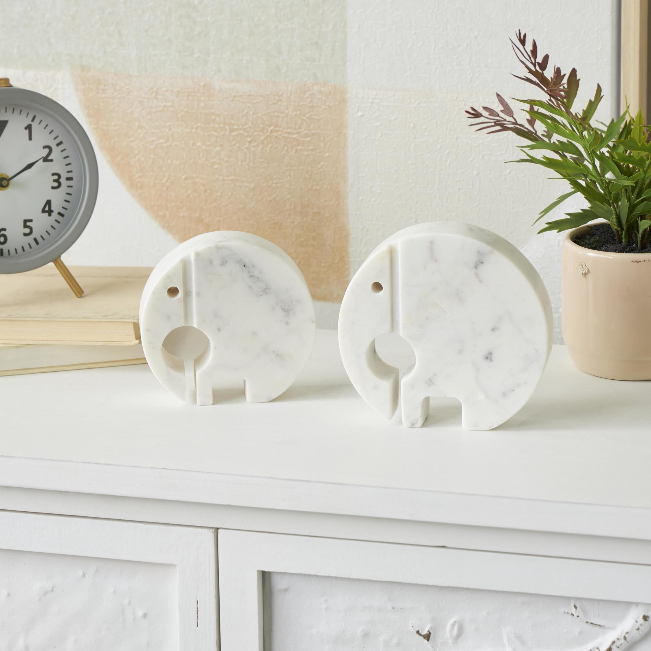 6", 5"H White Marble Circular Abstract Elephant Sculpture with Gray Marble Veins and Cutouts, by DecMode (2 Count)