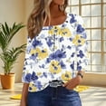 thumbnail image 2 of CYMMPU Summer Fashion Shirts Button up Crew Neck Blouses for Women Dressy Casual Spring Tops 3/4 Sleeve Tunic Tops Flower Printed Loose Fit Plus Size Blouse Yellow S, 2 of 7