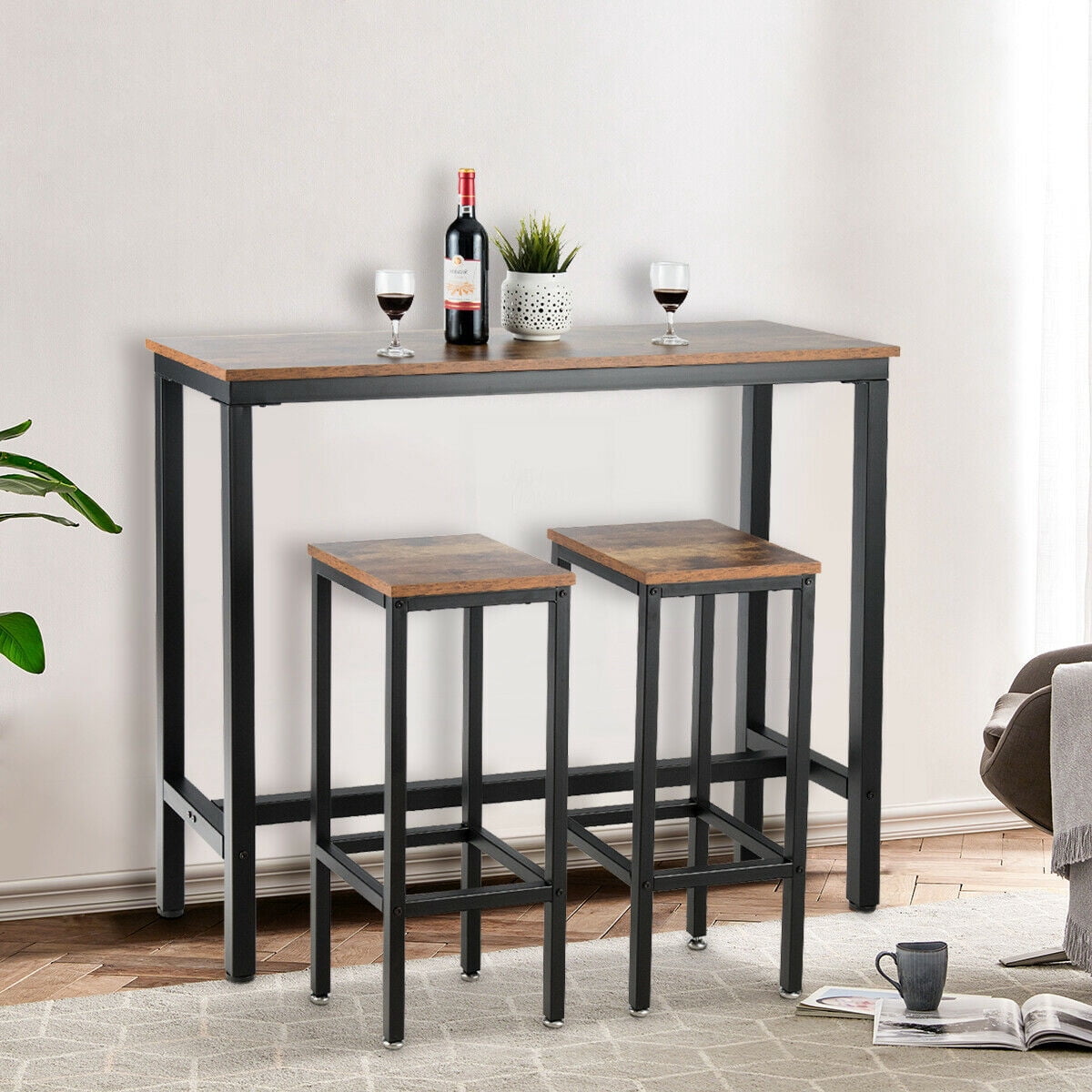 Gymax Counter Height Bar Dining Table Stools Set Rustic Brown, 3 Pieces