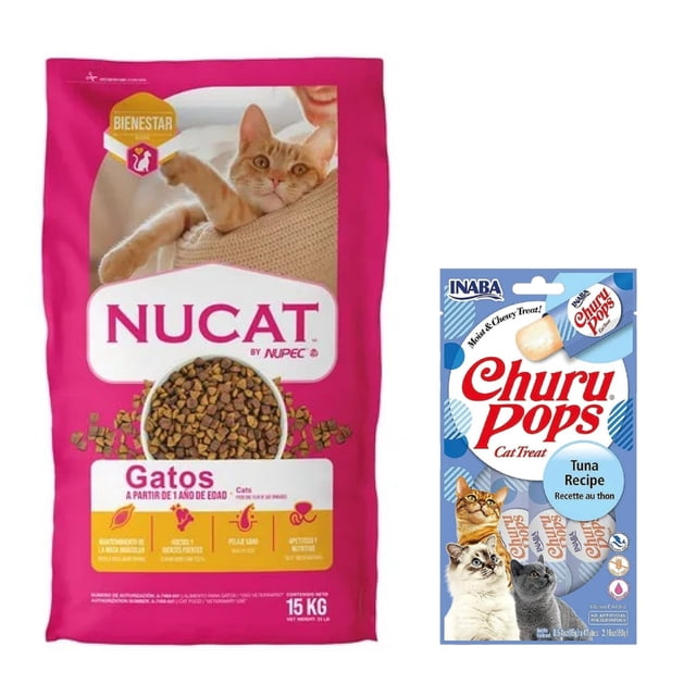 Nucat 15 kg + Churu Pops Atún Snack 4 tubos de 15g