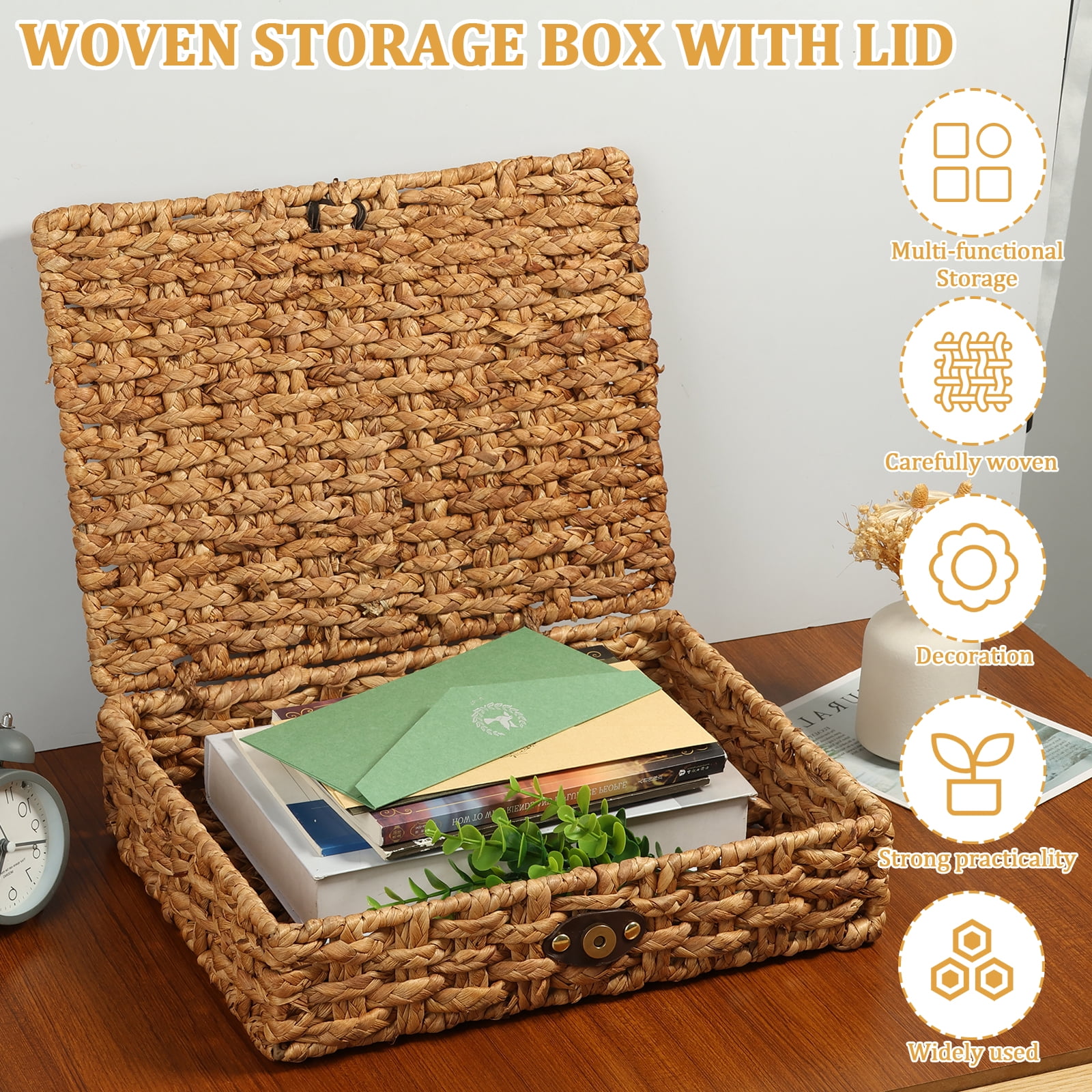 Ihvewuo Decorative Box with Lid Treated Gourd Grass Storage Basket Treated Gourd Grass Woven Decorative Box for Shelf Coffee Table Console Table Home Decor (Large or Small)