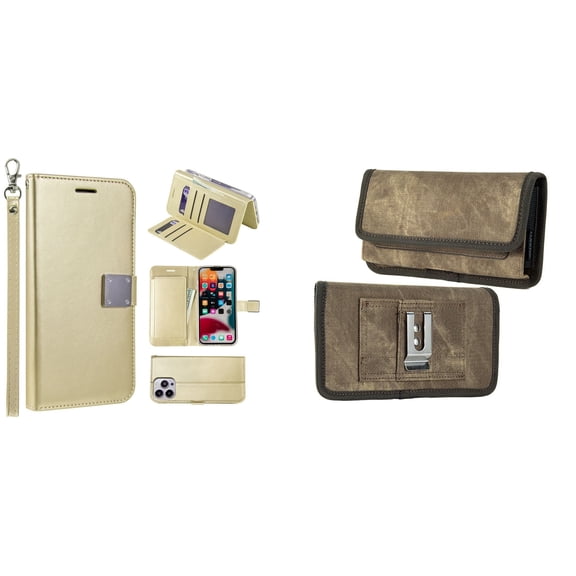 Bemz Pocket Clutch Wallet Case and Belt Holster Pouch for iPhone 14 Pro Max (Gold/Brown)