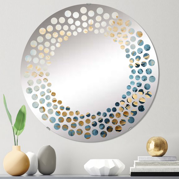 Designart "A Symphony of Blue and Golden Ferns VI" Ferns Polka Dot Round Wall Mirror - Floral Oval Printed Decorative Mirror - Multiple Color Options