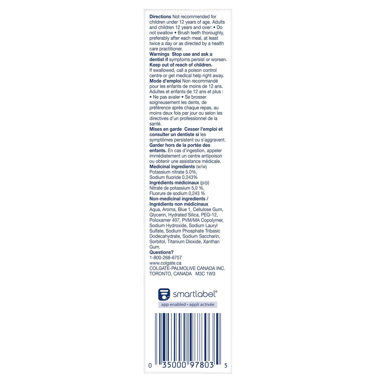 Le dentifrice au fluorure Colgate Dents sensibles Whitening 72mL
