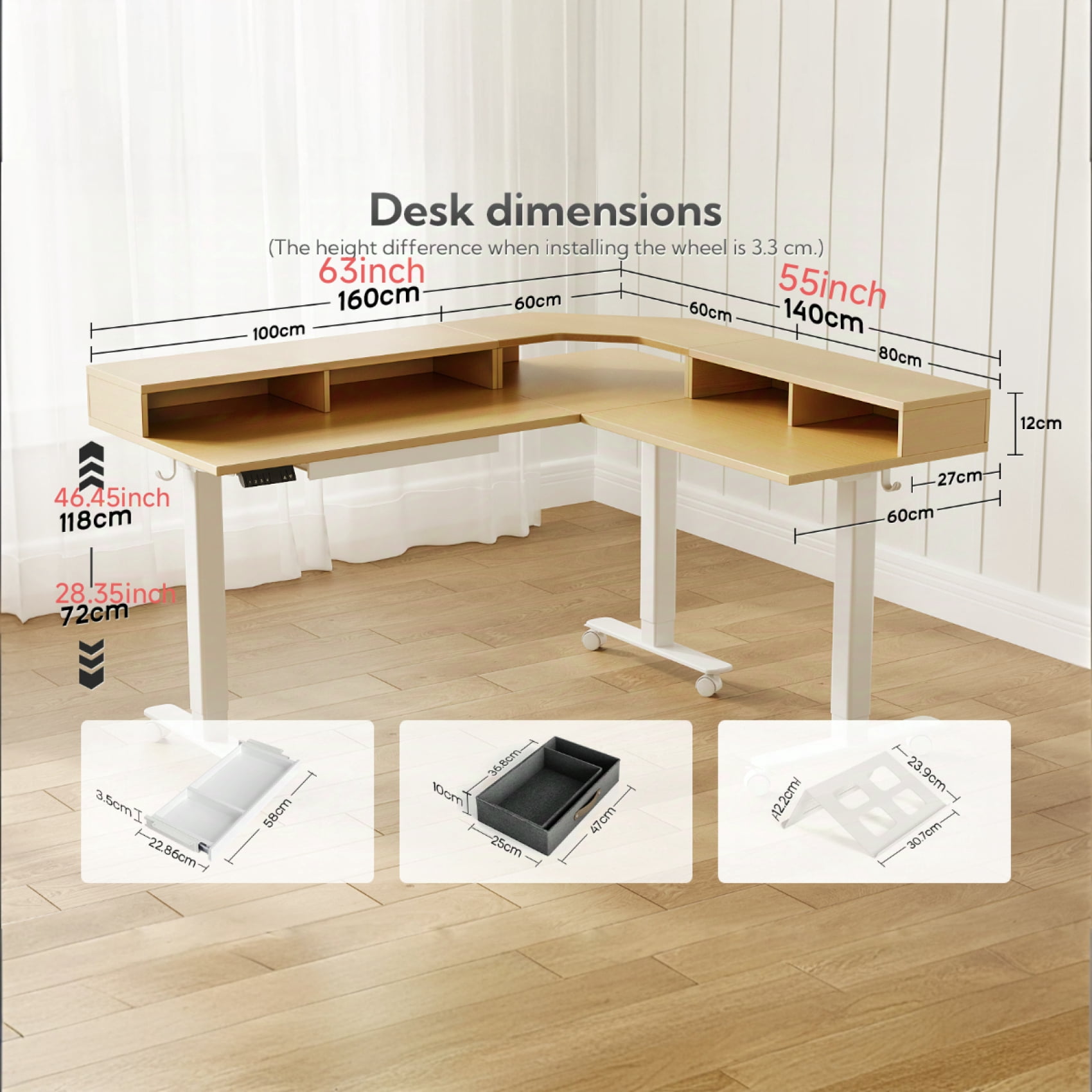 INNOVAR Dual Motor 63" L Shaped Standing Desk with 4 Drawers, Sit to Stand Study Desk Electric Height Adjustable Stand up Computer Desk with Monitor Stand & Splice Board, White Frame/Nature Top