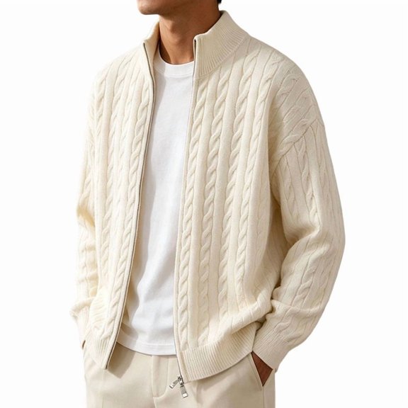 Kukoosong Men's Stand Collar Full Zip Cable Knit Cardigan, Solid Color Long Sleeve Sweater Jacket with Ribbed Cuffs, Relaxed Fit Warm Outerwear for Fall Winter Daily Wear