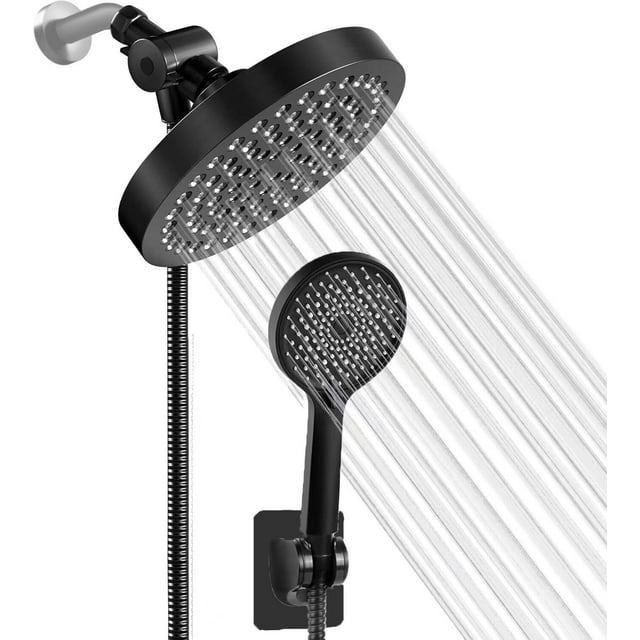 Cabezal de Ducha Regadera Alta Presión, 6'' Regadera Circular De Telefono con Ajustable dn 360 Grados, 1.2m Tubo,5 Modos Ducha (Negro)