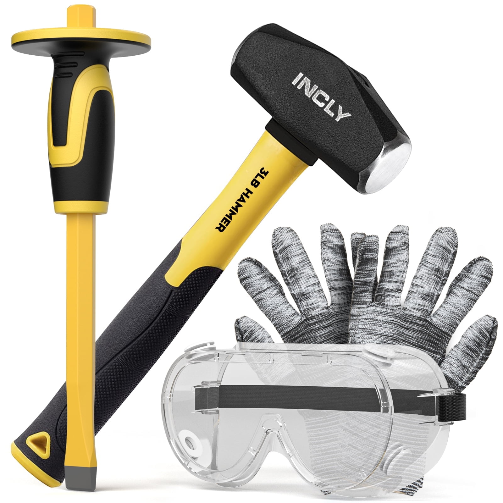 INCLY 4 PCS Geology Rock Pick Equipment Kit, 3lb Sledge Hammer 12