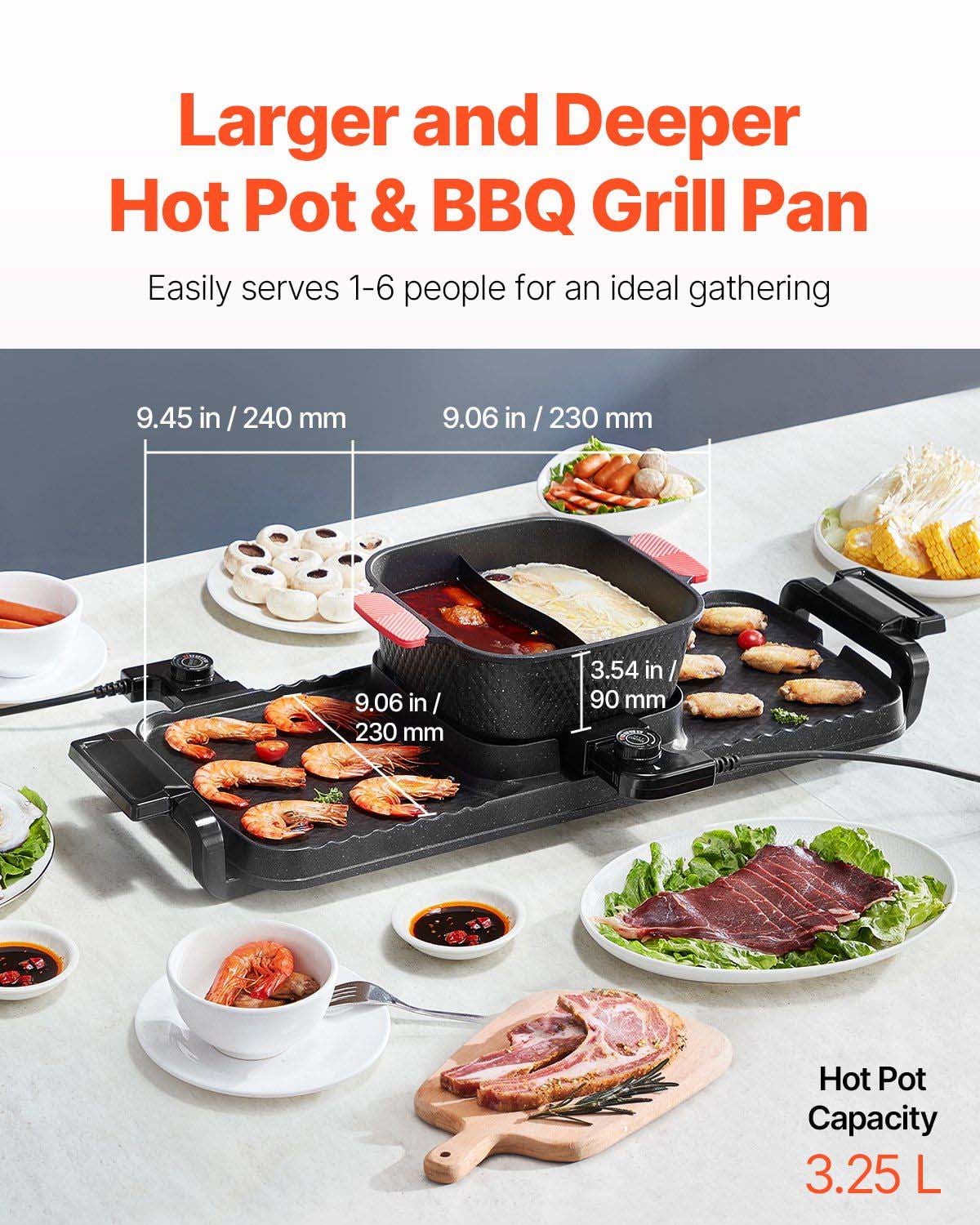 Hot Pot with Grill 2300W 2-in-1 Electric Smokeless BBQ Pan, 3.25L Removable Pot, Double Flavor Grill, Boil Fry Stew, Family Size